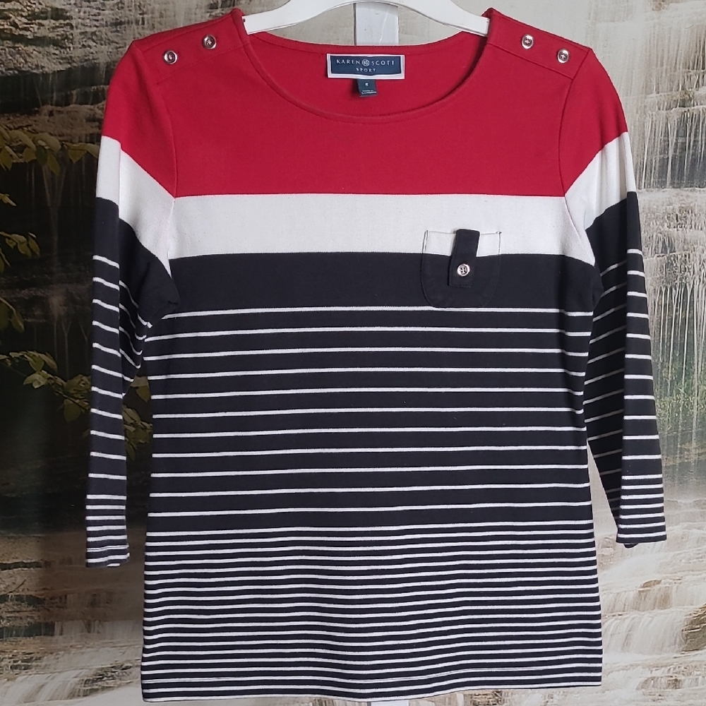 Karen Scott Sport Women Small Classic Red White Black Striped Shirt Chest Pocket